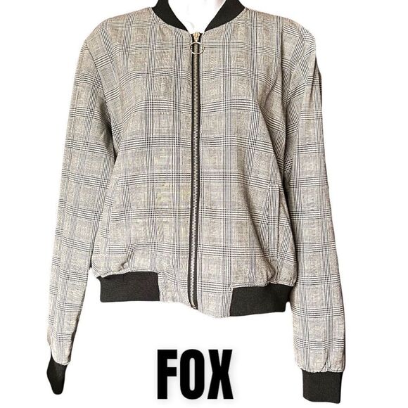 Mens Fox Zip Up Plaid Black White Bomber Long Sleeve sz 1 unisex shacket - Picture 2 of 10